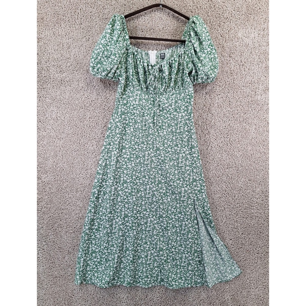 Chifit Dress Womens Medium Green Floral Puff Sleeve Side Slit Cottagecore Boho